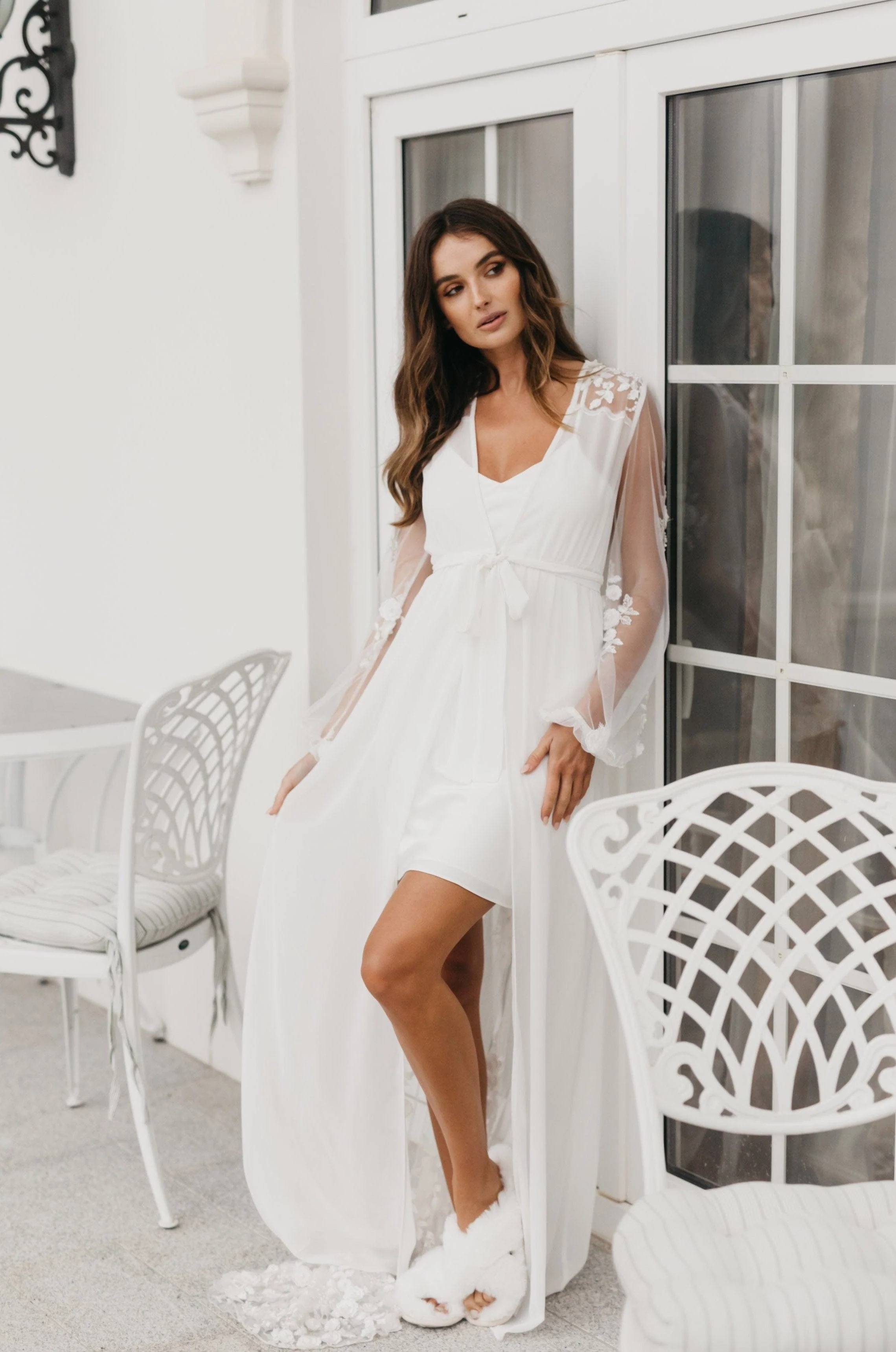 Amara Beaded Floral Lace Maxi Bridal Robe With Train - Includes Slip - Image 10