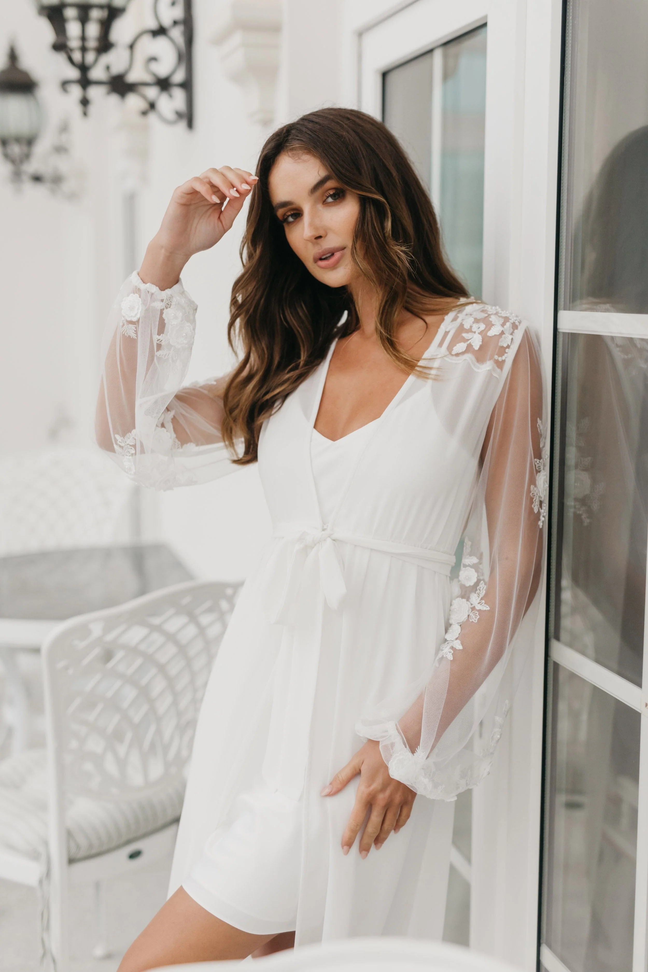 Amara Beaded Floral Lace Maxi Bridal Robe With Train - Includes Slip - Image 3
