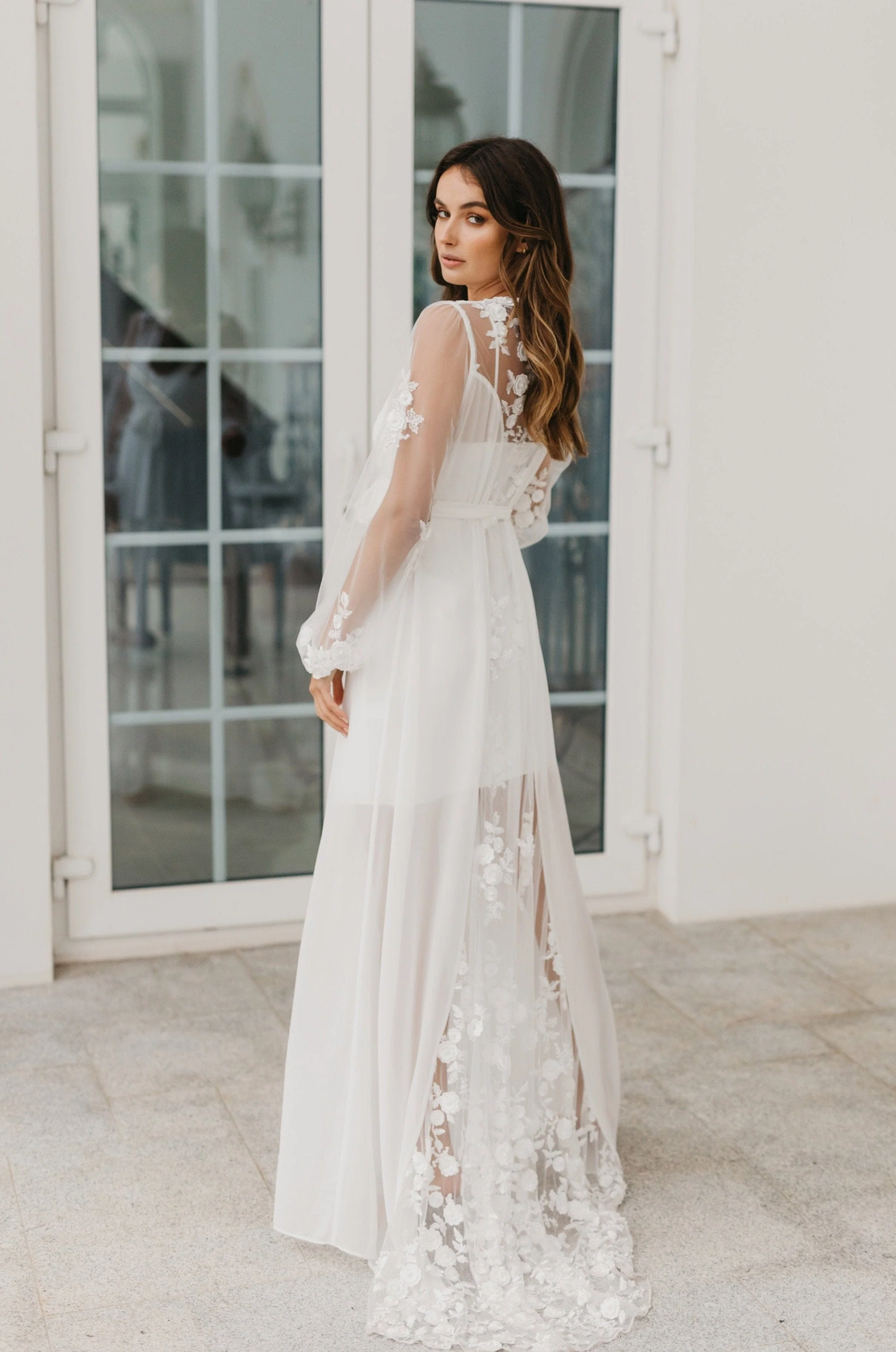 Amara Beaded Floral Lace Maxi Bridal Robe With Train - Includes Slip - Image 4