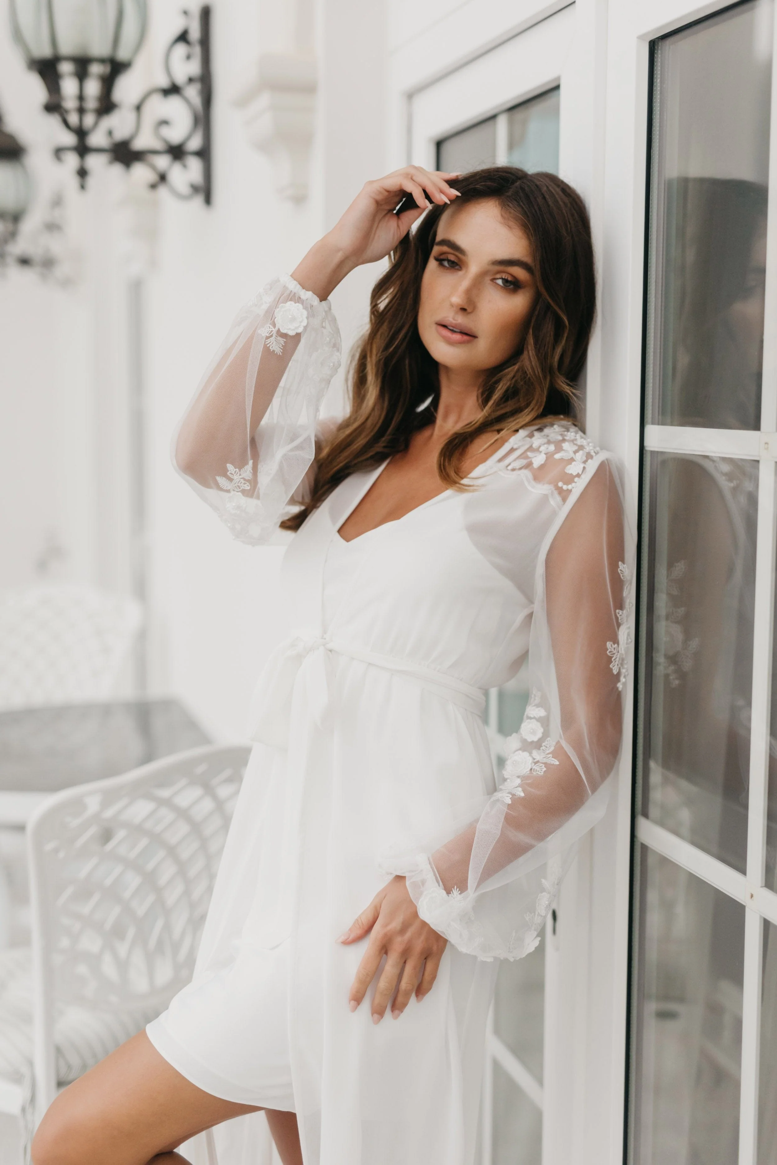 Amara Beaded Floral Lace Maxi Bridal Robe With Train - Includes Slip - Image 5