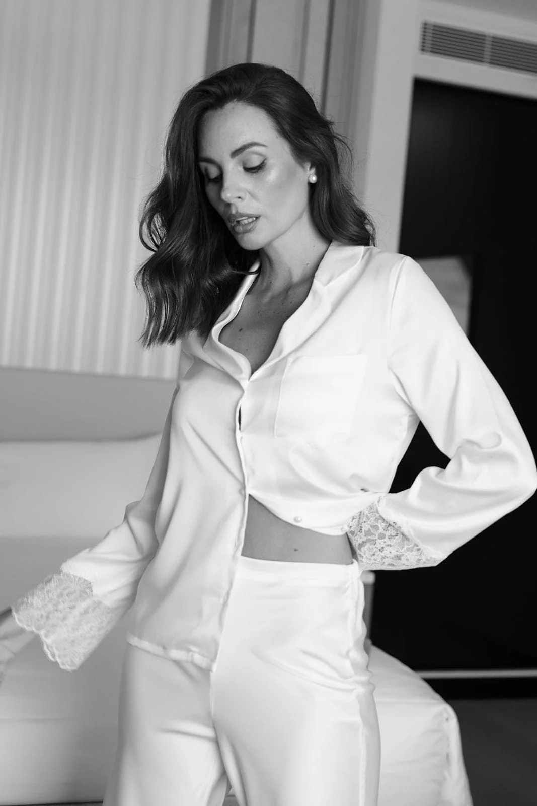 Daniela Lace Trim Satin Bridesmaid Pyjama Set White - Image 12
