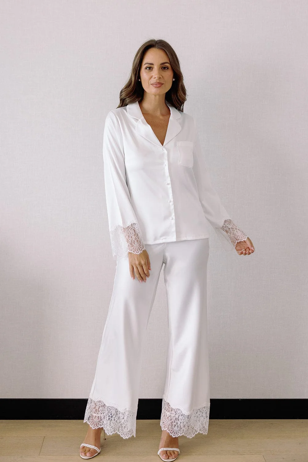 Daniela Lace Trim Satin Bridesmaid Pyjama Set White - Image 15