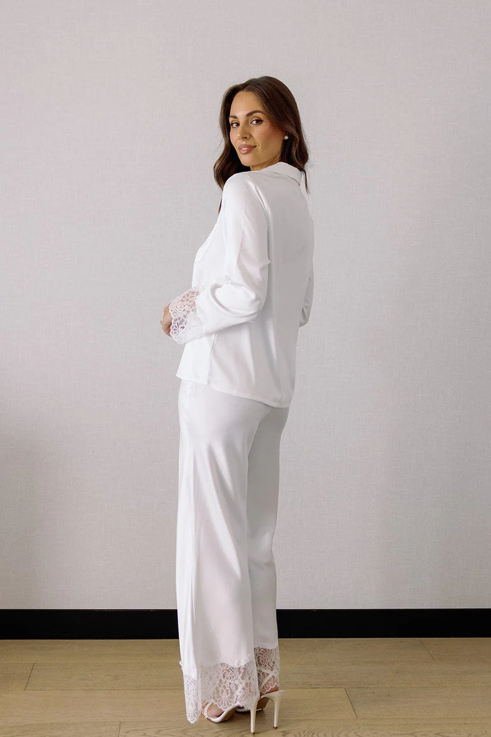 Daniela Lace Trim Satin Bridesmaid Pyjama Set White - Image 17