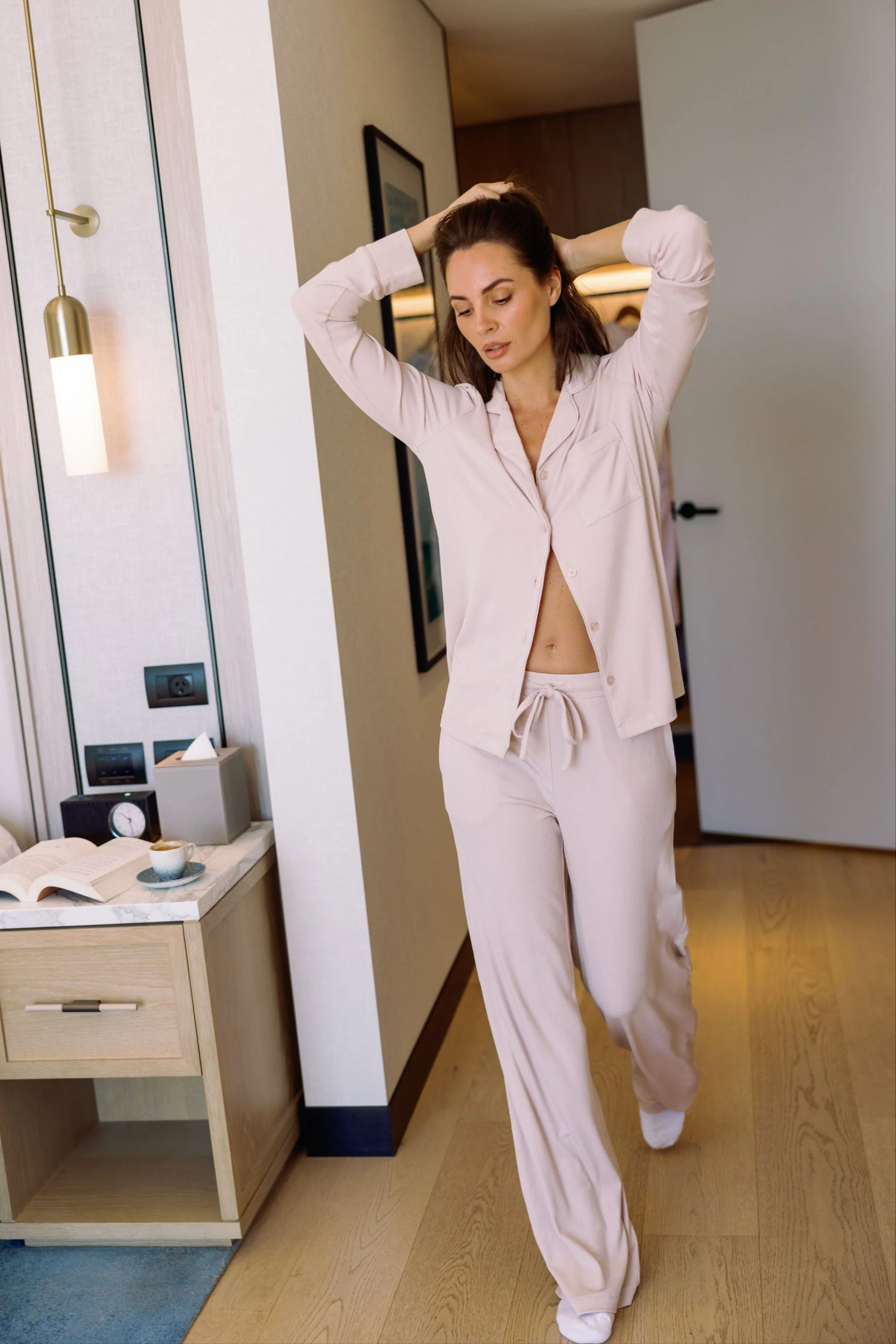 Blake Long Modal Ribbed Pyjamas in Champagne - Image 6