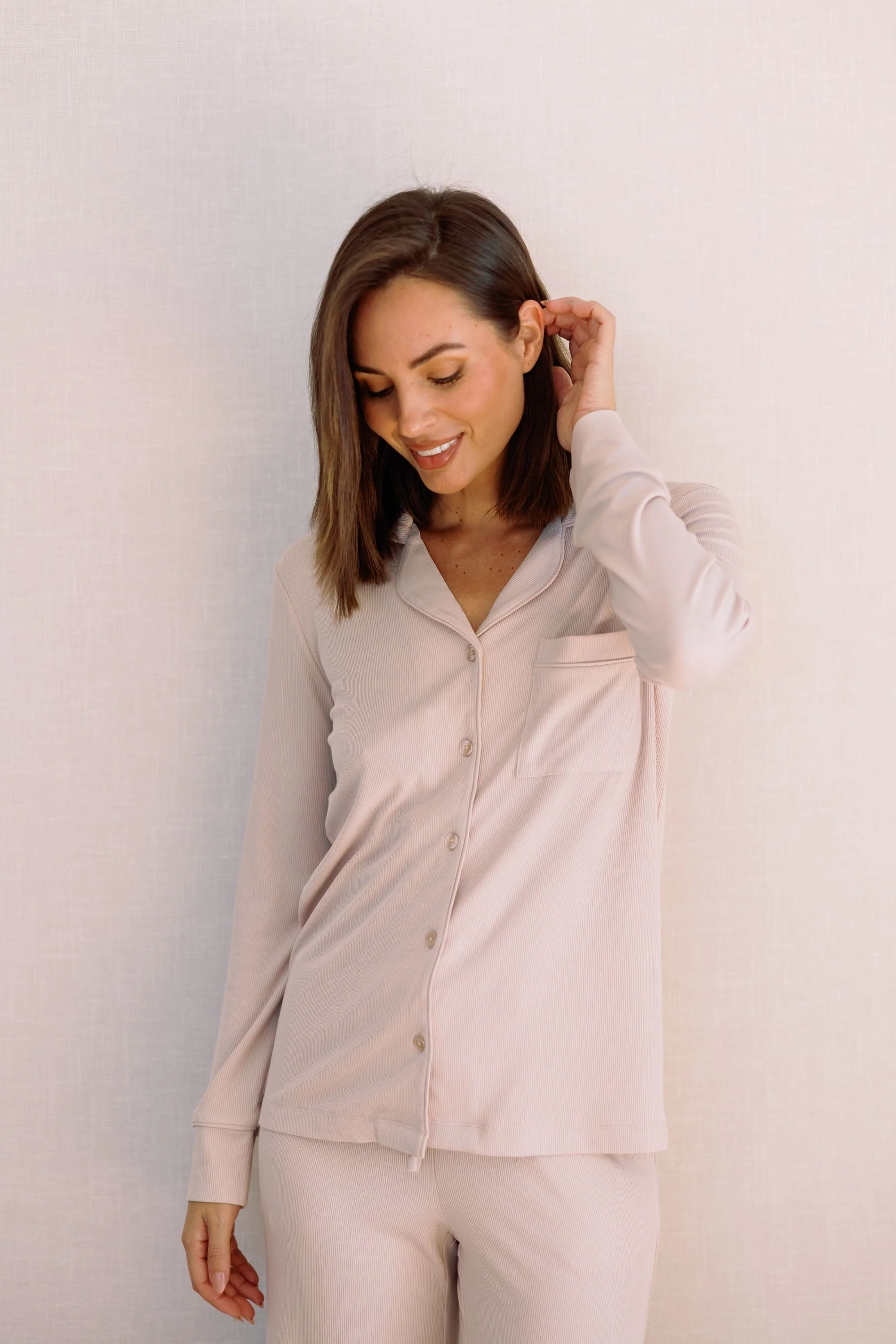 Blake Long Modal Ribbed Pyjamas in Champagne - Image 7