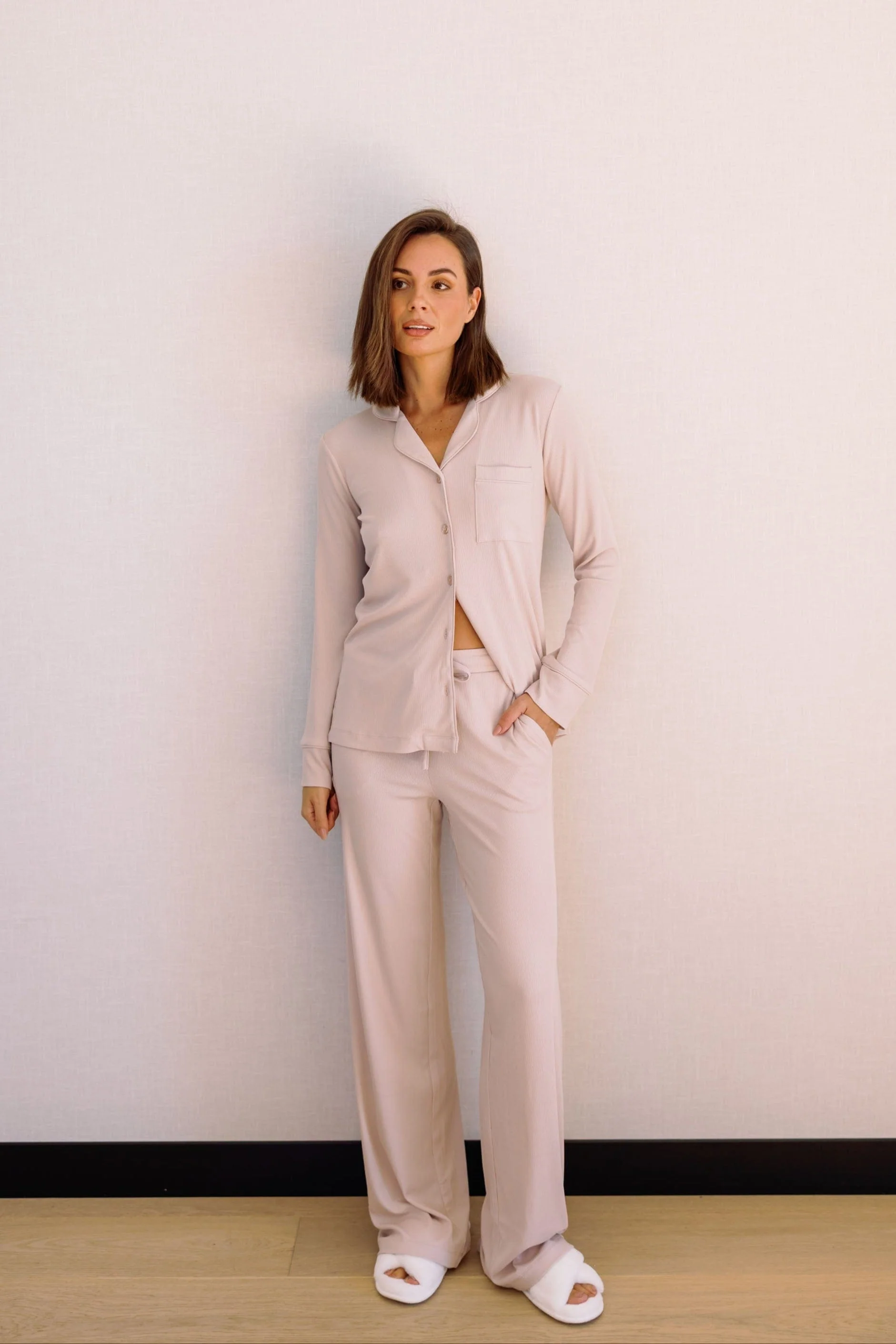 Blake Long Modal Ribbed Pyjamas in Champagne - Image 8