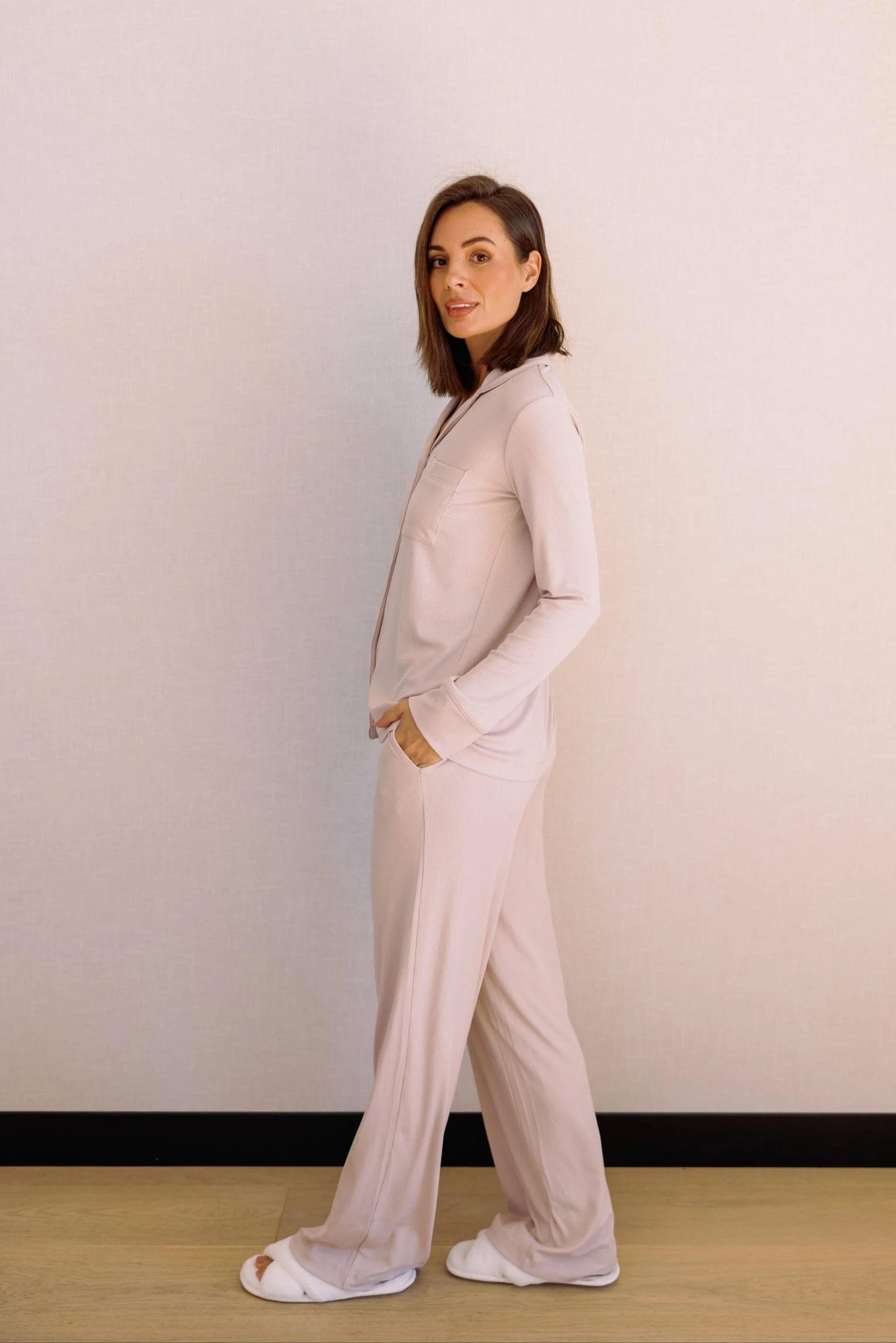 Blake Long Modal Ribbed Pyjamas in Champagne - Image 9
