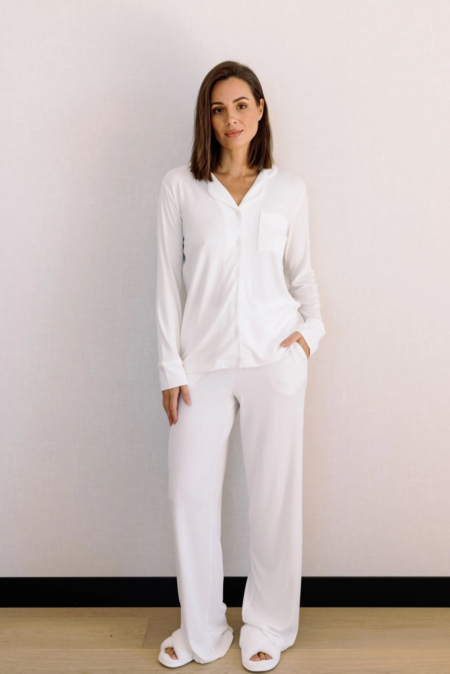 Blake Long Modal Ribbed Pyjamas in White - Image 5