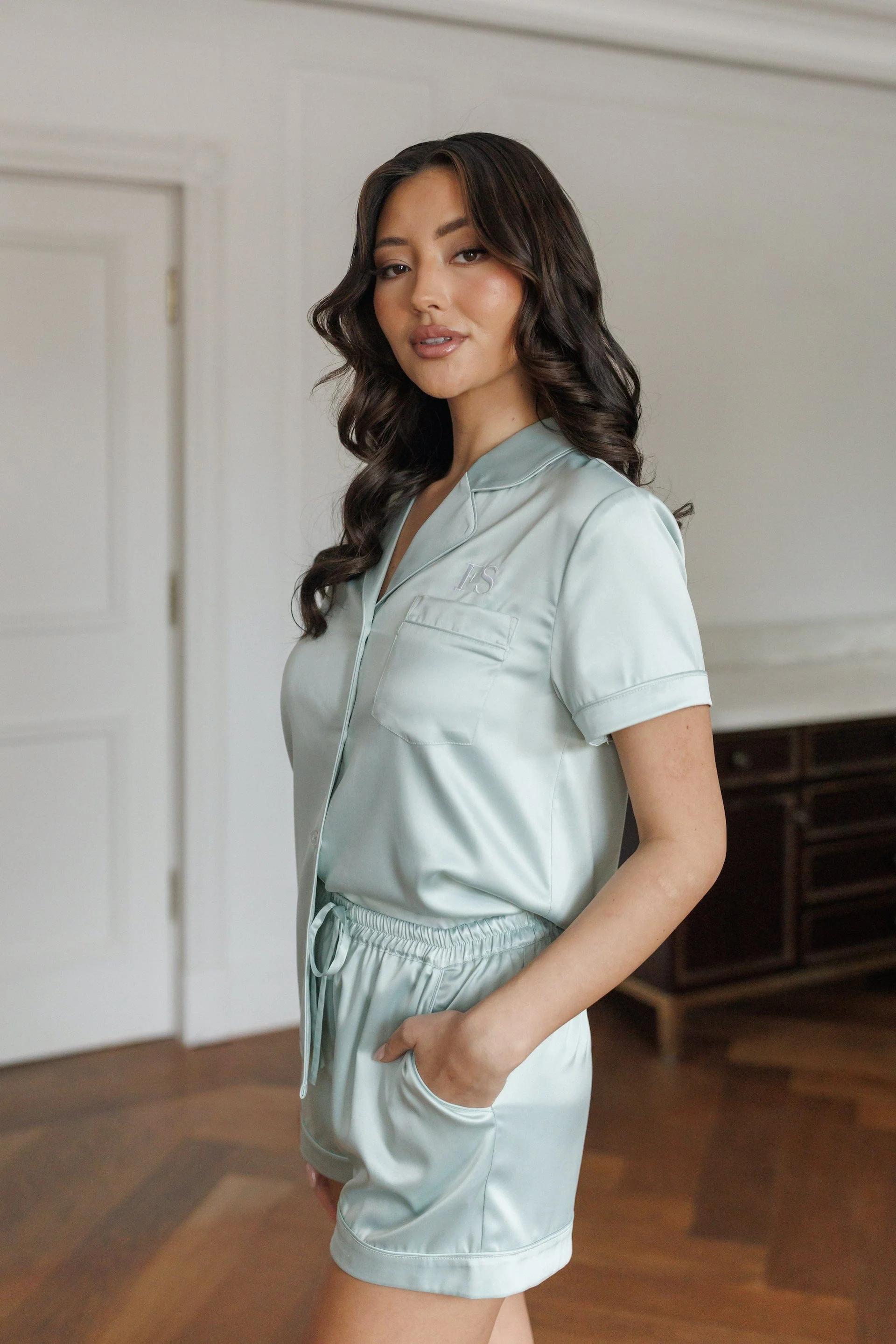 Lucia Premium Satin Bridesmaid Sleep Set Sage Green - Image 4