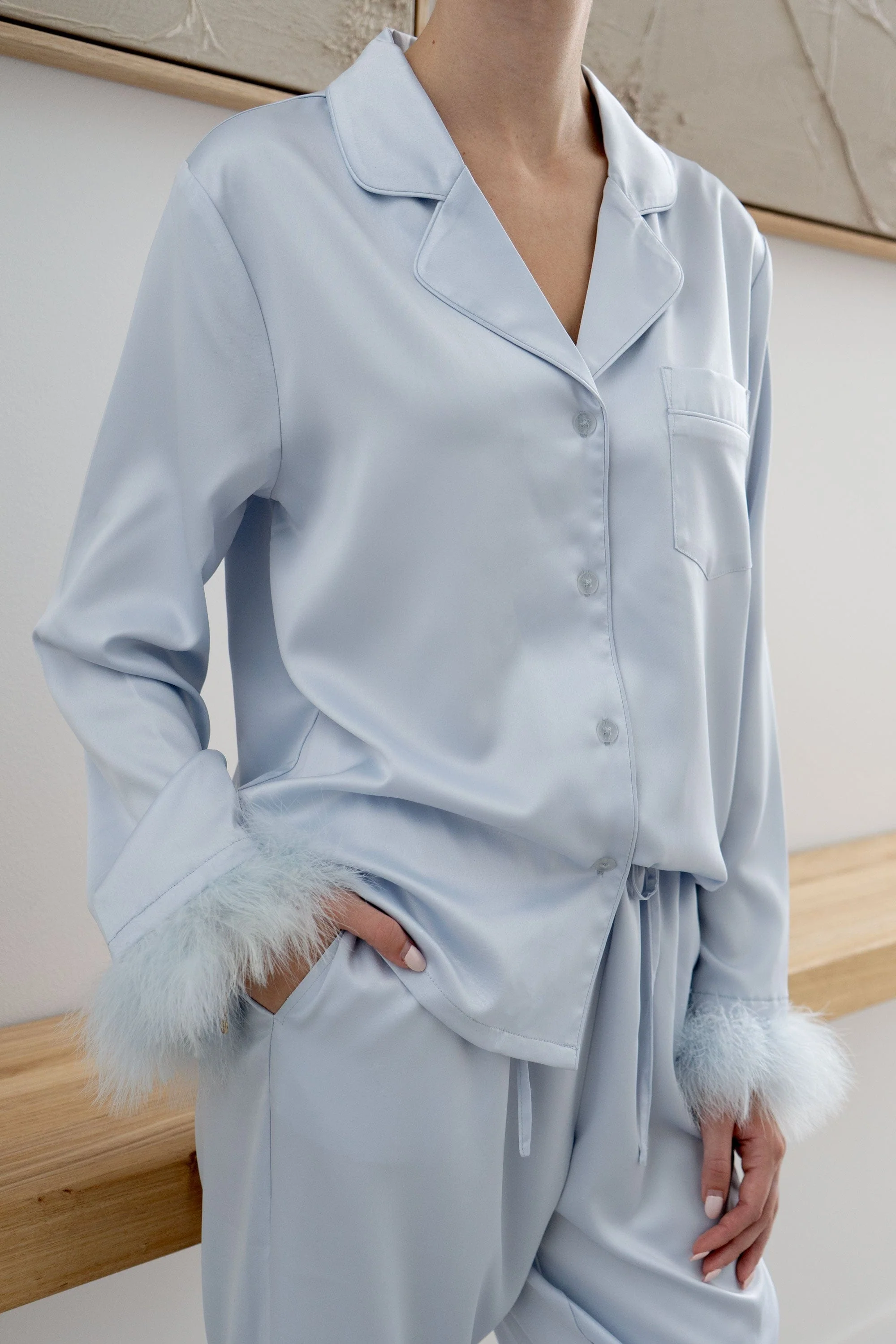 Taylor Satin Feather Bridal Pyjama Set Soft Blue - Image 10