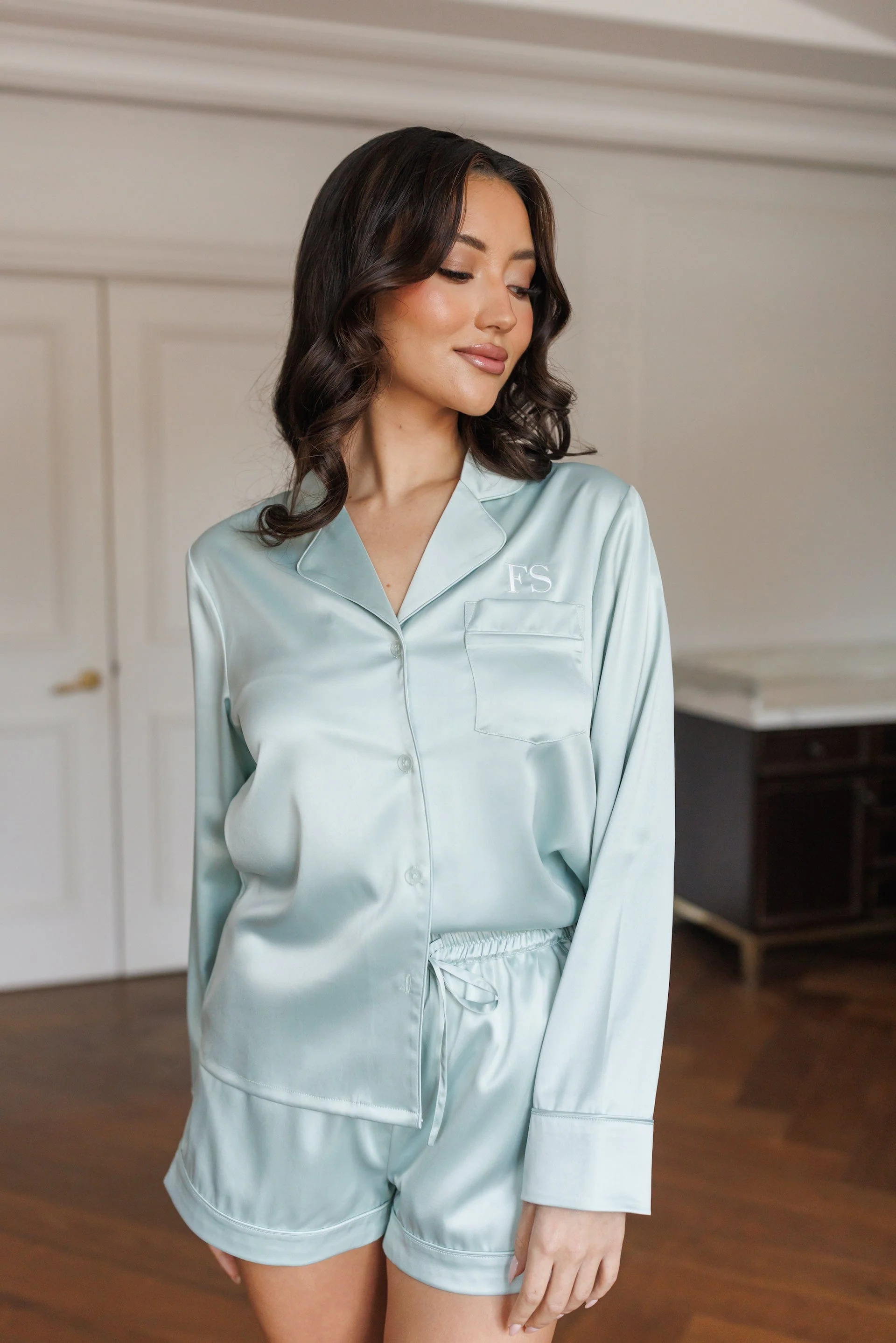 Zoe Premium Satin Bridesmaid Sleep Set Sage Green - Image 6